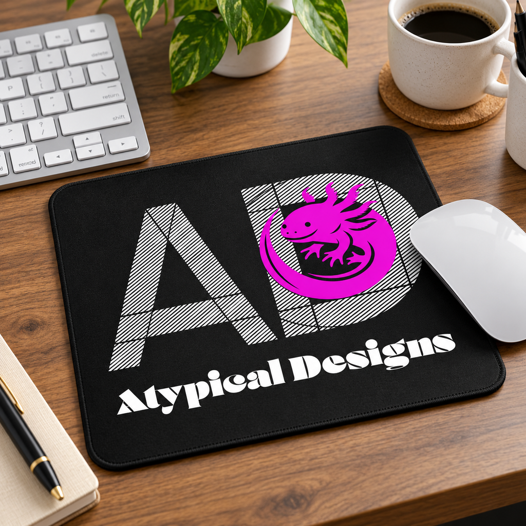 Custom office mouse pad, approximately 8 x 9 inches, Atypical Designs sample artwork