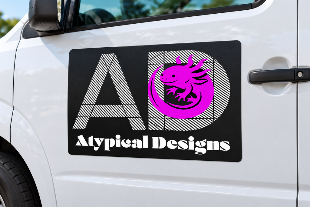 Custom Printed Magnets 18 × 24 in mockup with Atypical Designs logo on vehicle door