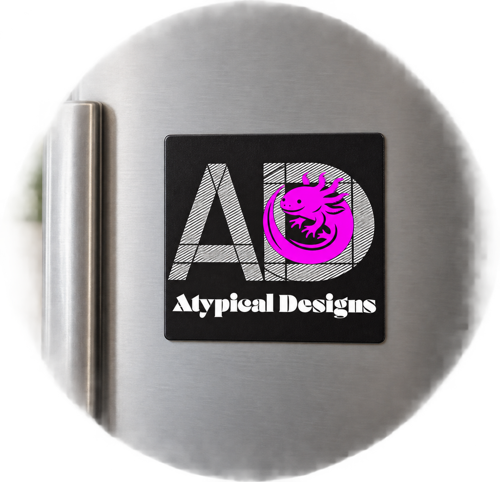 Custom Printed Magnets 3 × 3 in mockup with Atypical Designs logo on refrigerator