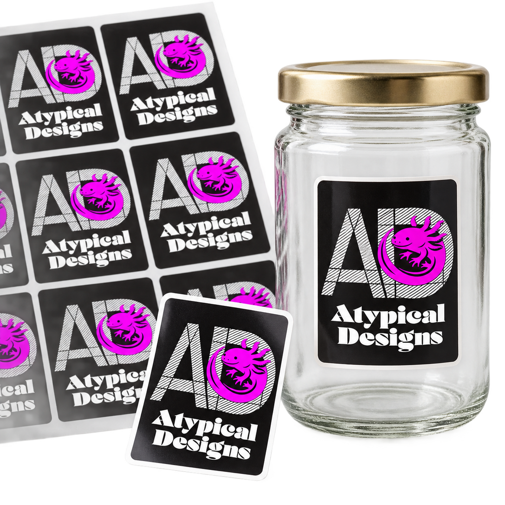 Atypical Designs sticker or label mockup, 2 by 3 inches