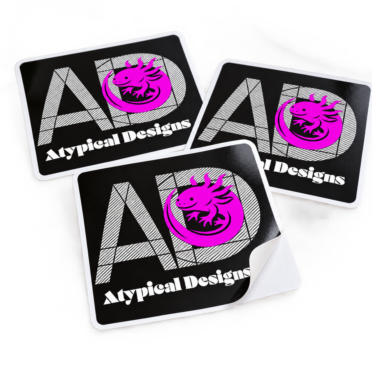Atypical Designs sticker or label mockup, 3 by 3 inches
