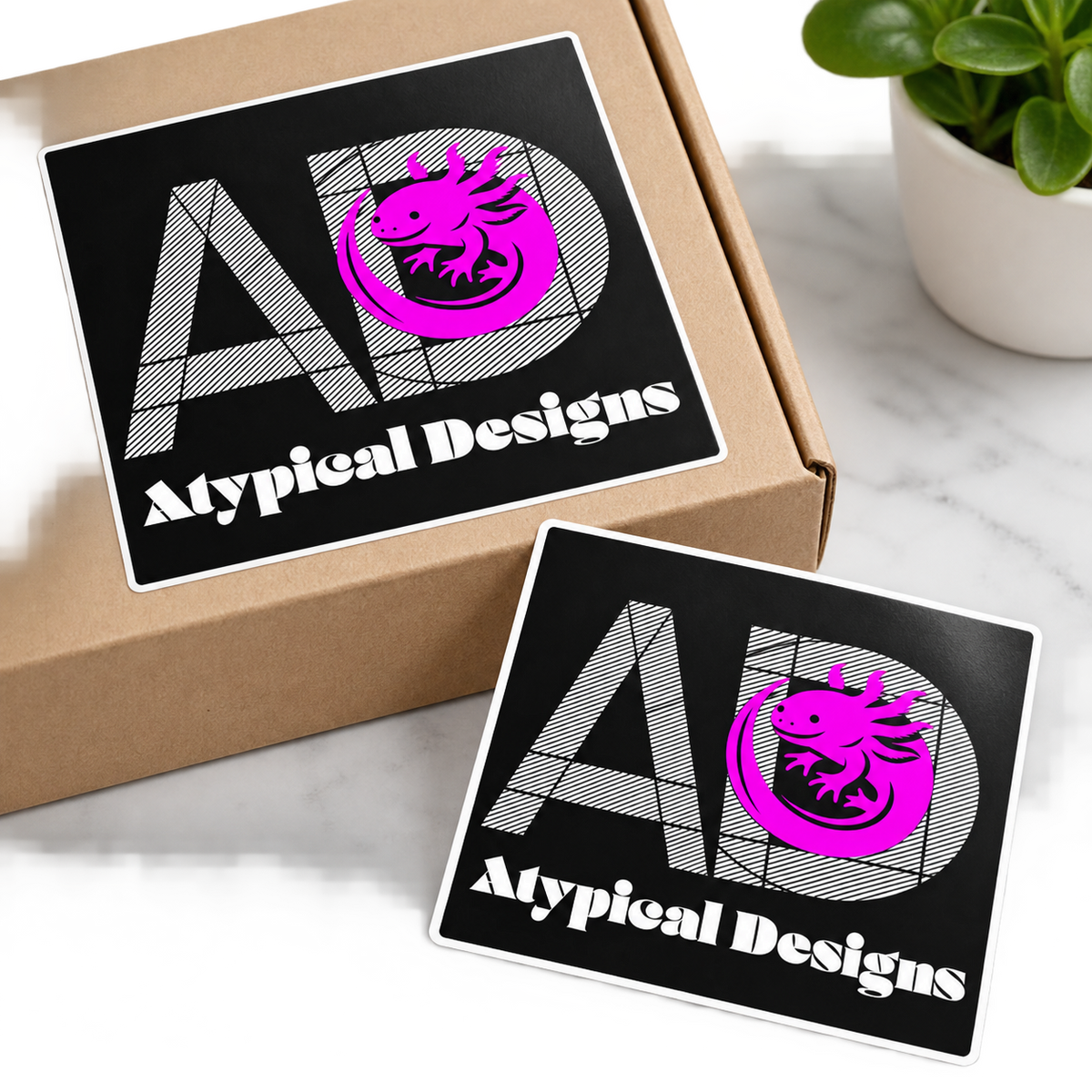 Atypical Designs sticker or label mockup, 4 by 4 inches