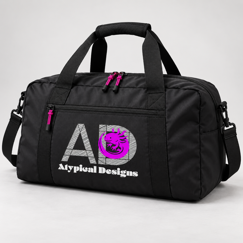 Custom branded travel duffel mockup, approximately 18 inches wide