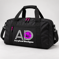 Custom branded travel duffel mockup, approximately 18 inches wide