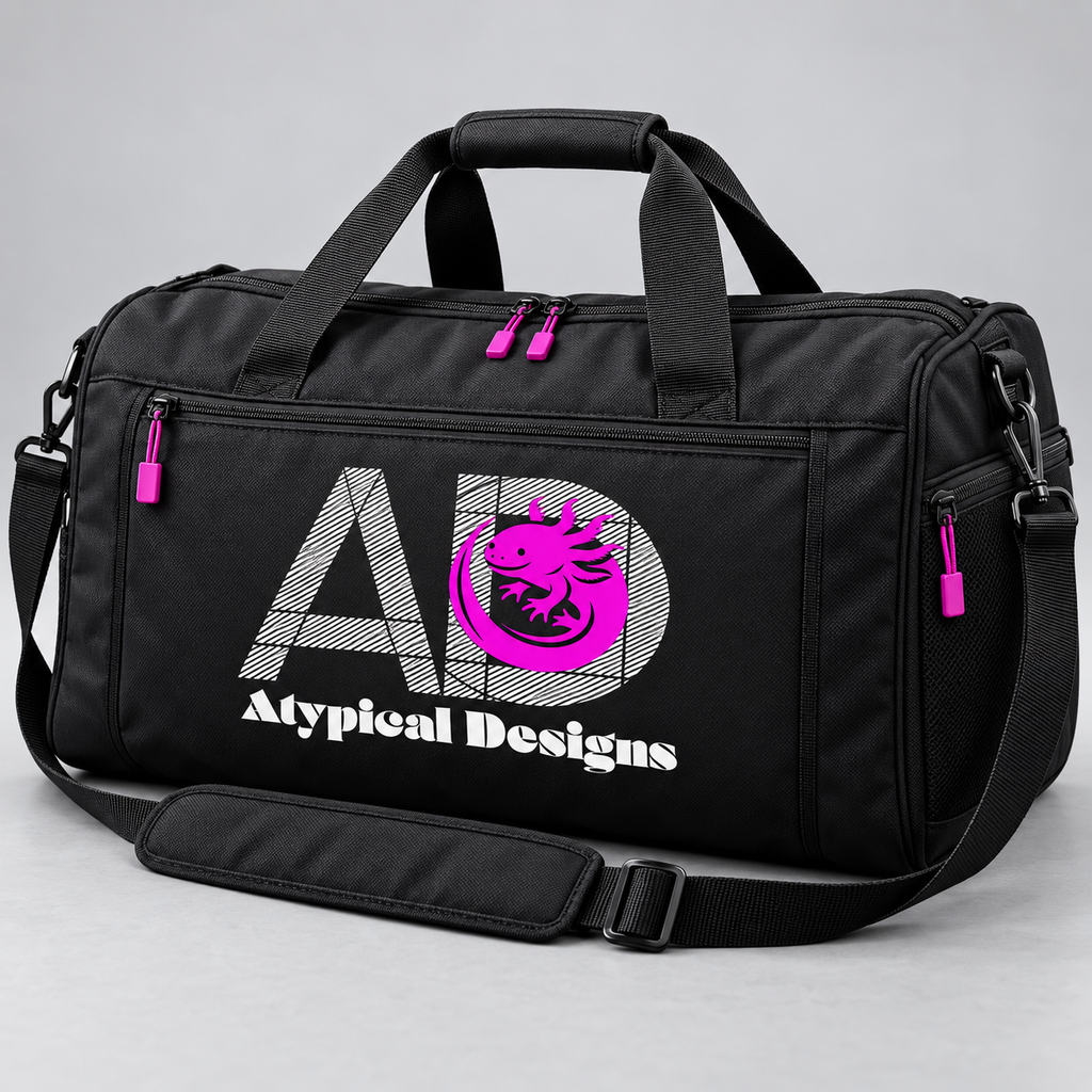 Custom branded travel duffel mockup, approximately 24 inches wide