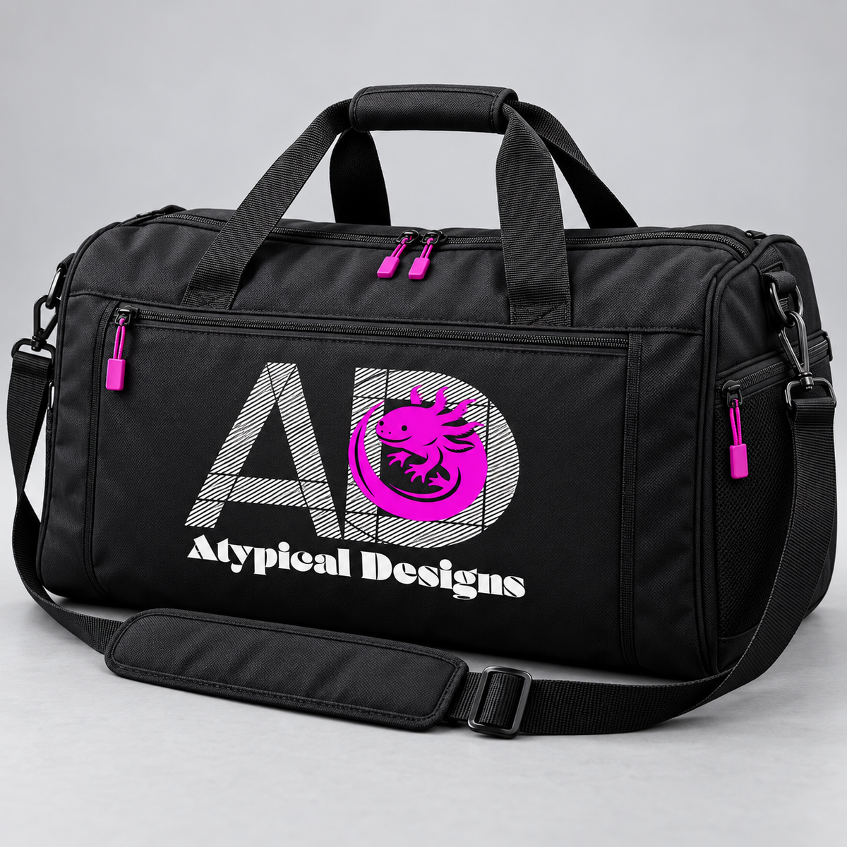 Custom branded travel duffel mockup, approximately 24 inches wide