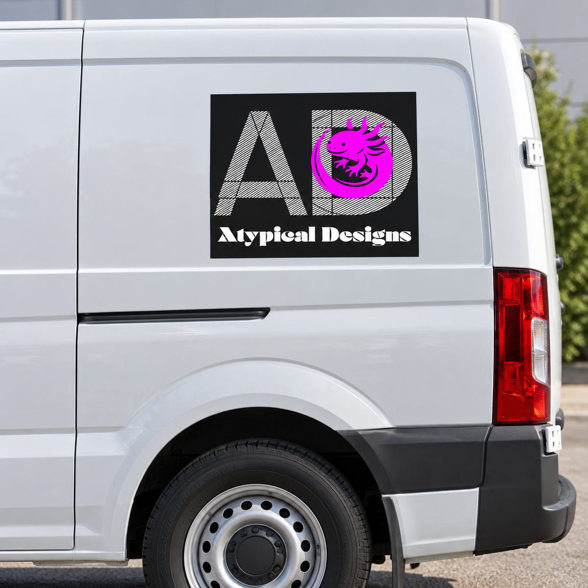 Atypical Designs vehicle graphic mockup, 12 by 12 inches; final fit depends on vehicle