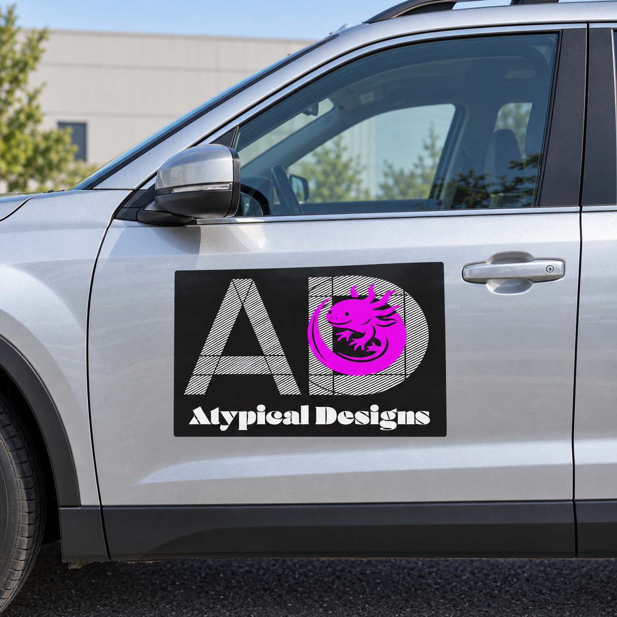 Atypical Designs vehicle graphic mockup, 18 by 12 inches; final fit depends on vehicle