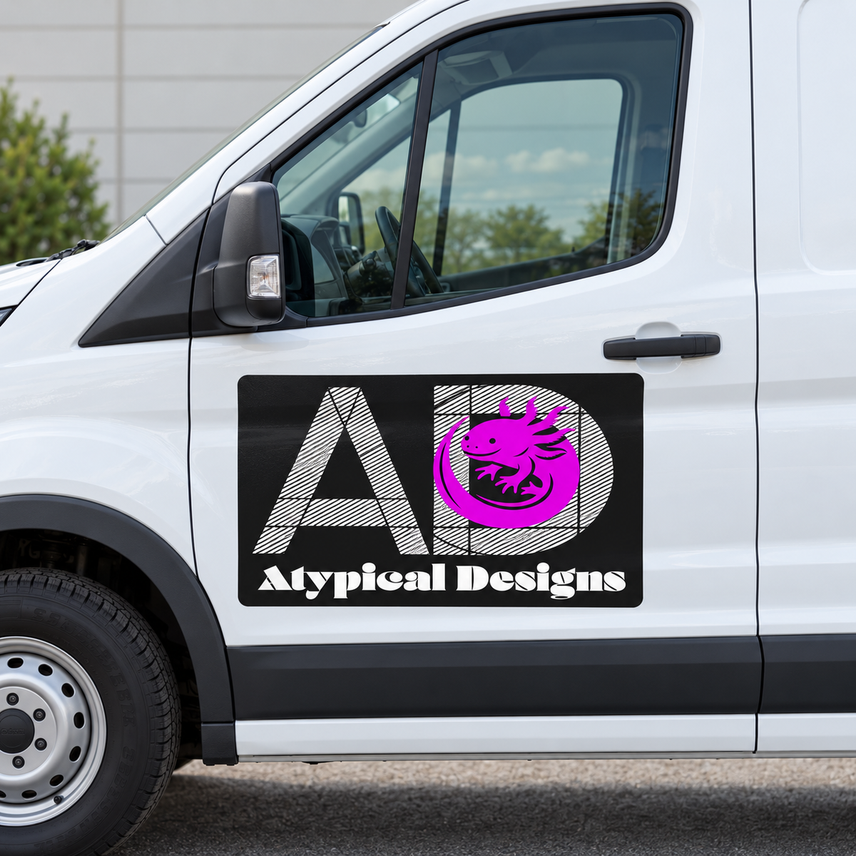 Atypical Designs vehicle graphic mockup, 24 by 12 inches; final fit depends on vehicle