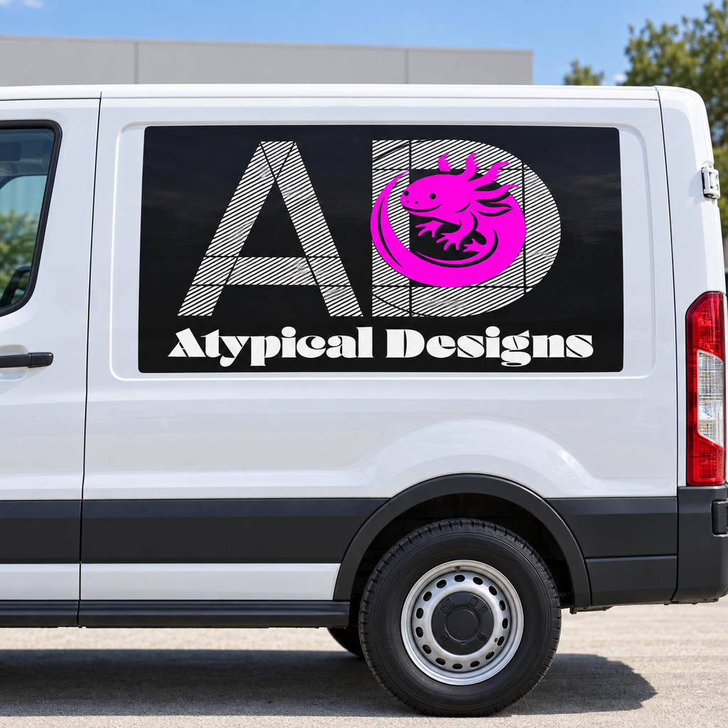 Atypical Designs vehicle graphic mockup, 36 by 18 inches; final fit depends on vehicle