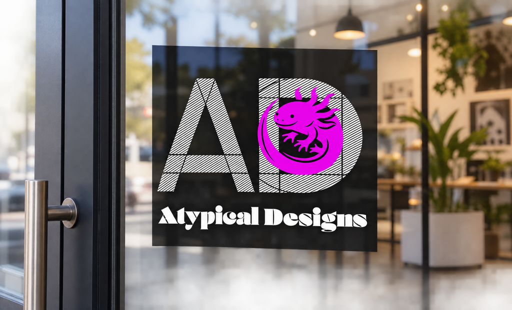 Custom Window Graphic 12 × 12 in mockup featuring Atypical Designs logo on glass