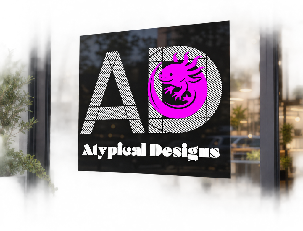 Custom Window Graphic 24 × 24 in mockup featuring Atypical Designs logo on glass