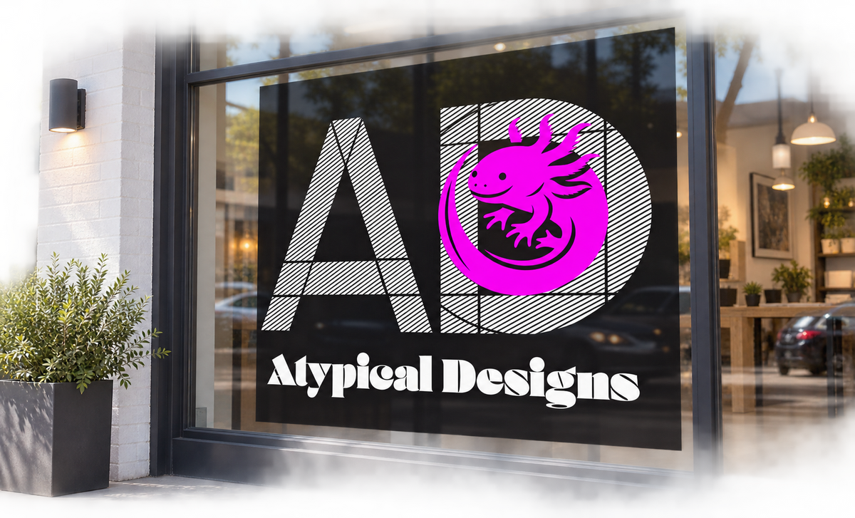 Custom Window Graphic 48 × 48 in mockup featuring Atypical Designs logo on glass