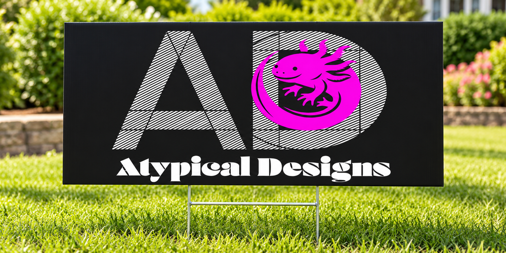 Atypical Designs custom yard sign mockup, 36 by 18 inches