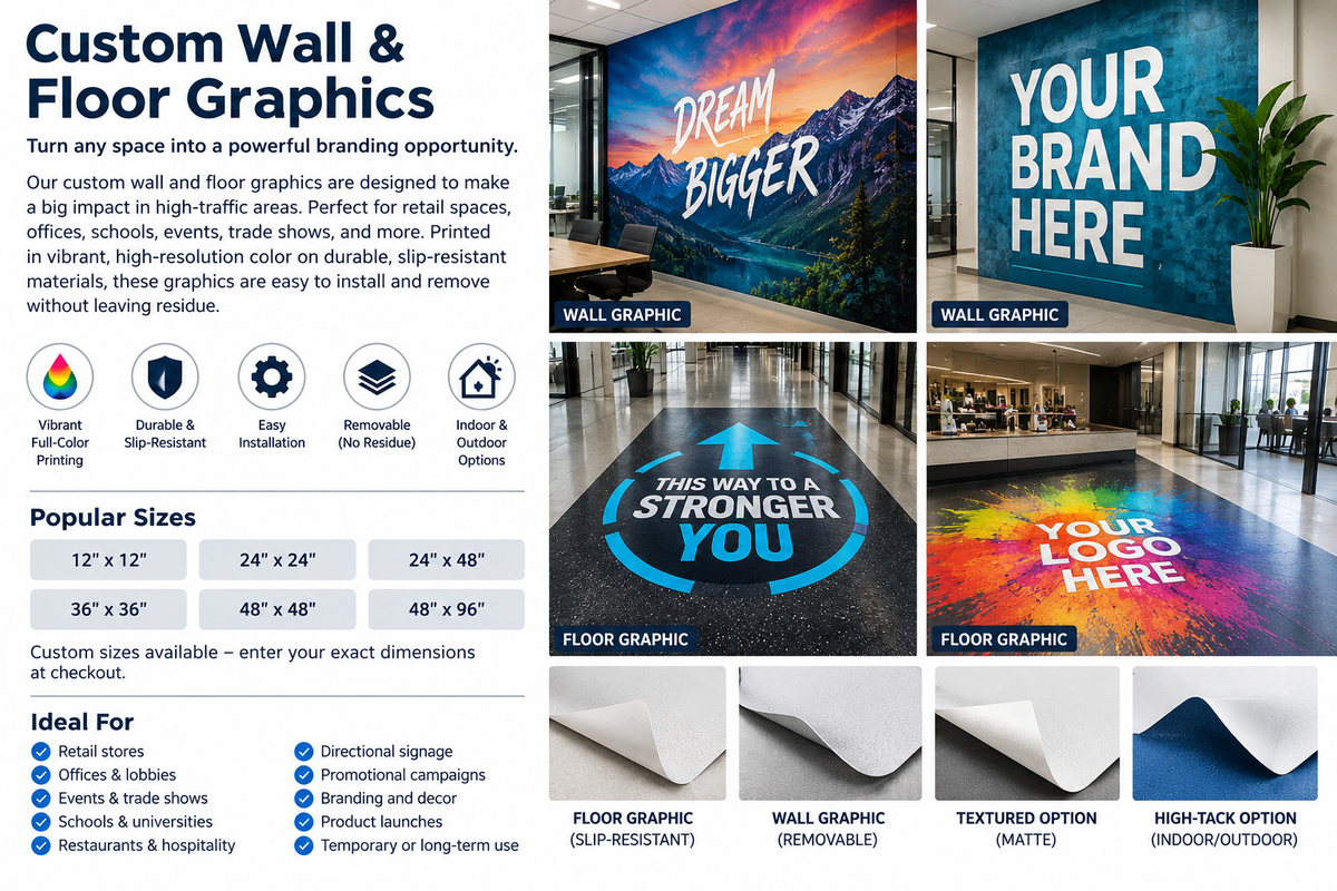 Custom wall and floor graphics examples and popular sizes